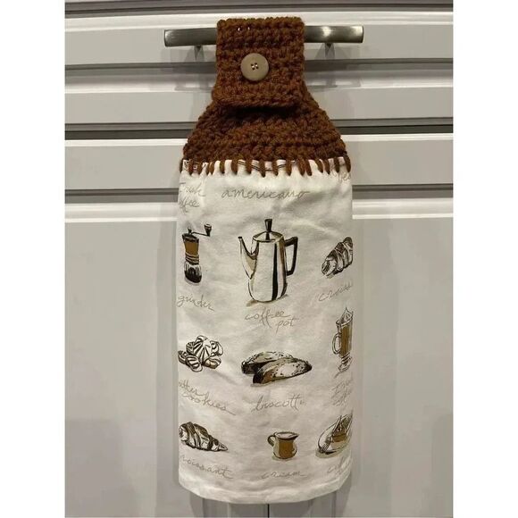 Crochet Top Kitchen Towel- Coffee Themed brown topper - Picture 1 of 3